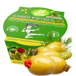 Оливки Коктейль №2 с каперсами, томатом, Джалапено и огурчиком 28Olives, 150 г, упаковка с оливкой
