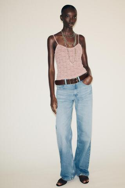 ZARA КРУЖЕВНОЙ ТОП НА БРЕТЕЛЯХ, СВЕТЛО-РОЗОВЫЙ