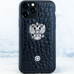 Премиум чехол для iPhone с Гербом России на натуральной коже - Euphoria HM Premium - ювелирный сплав