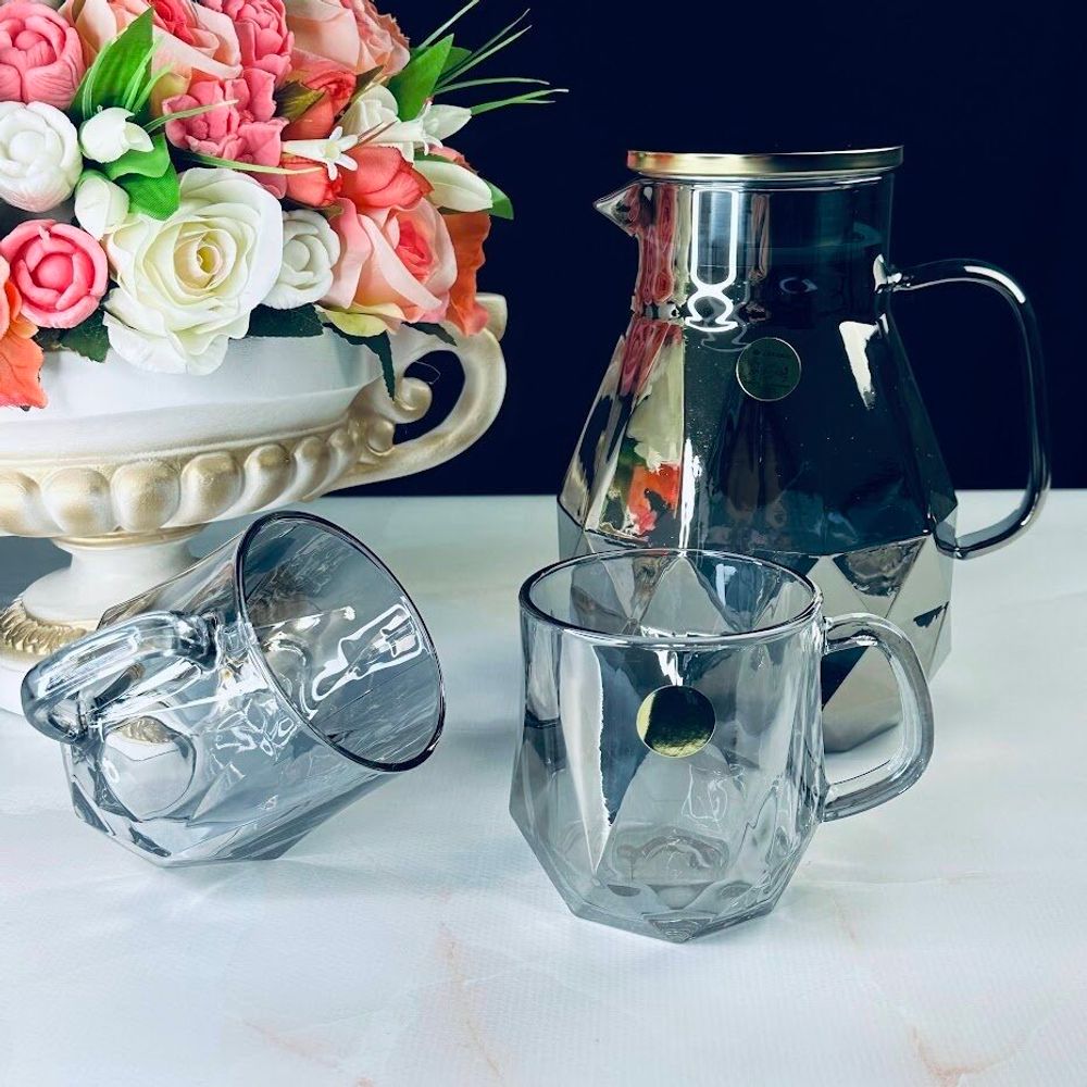 Lenardi 589-029 Набор: кувшин-заварник 1,9 л и 6 кружек 350 мл серебро, в под.уп.(х8)Стекло