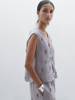 Massimo Dutti Топ из 100% льна с вышивкой из бисера, фиолетовый