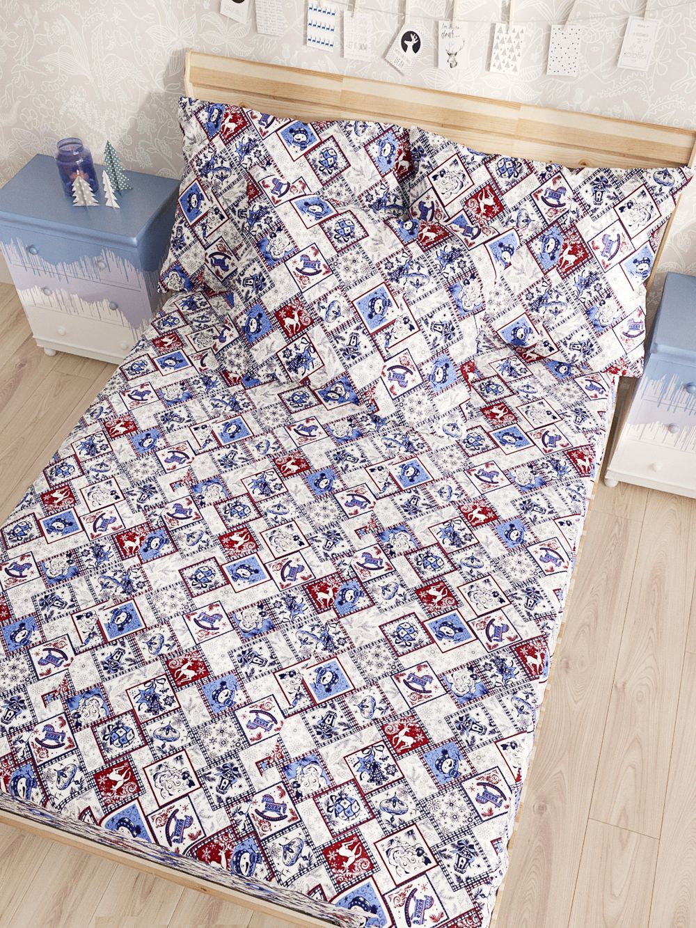 Простынь на резинке Сказка "Зимние картинки" 90х200 см, перкаль