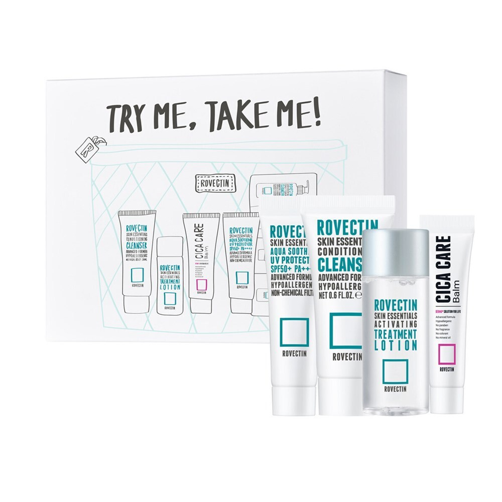 Набор для лица Rovectin 4-Step Try Me KIT в косметичке (пенка для умывания, лосьон, солнцезащитный крем, бальзам, крем)