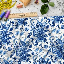 Ткань дюспо цветы и розы гжель