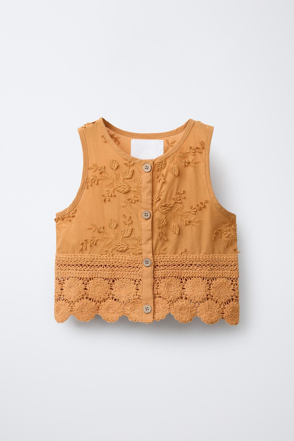 ZARA ТРИКОТАЖНЫЙ ТОП ИЗ КРУЖЕВА КРОШЕ С ВЫШИВКОЙ «ЛИСТЬЯ», ЧЕРЕПИЧНЫЙ