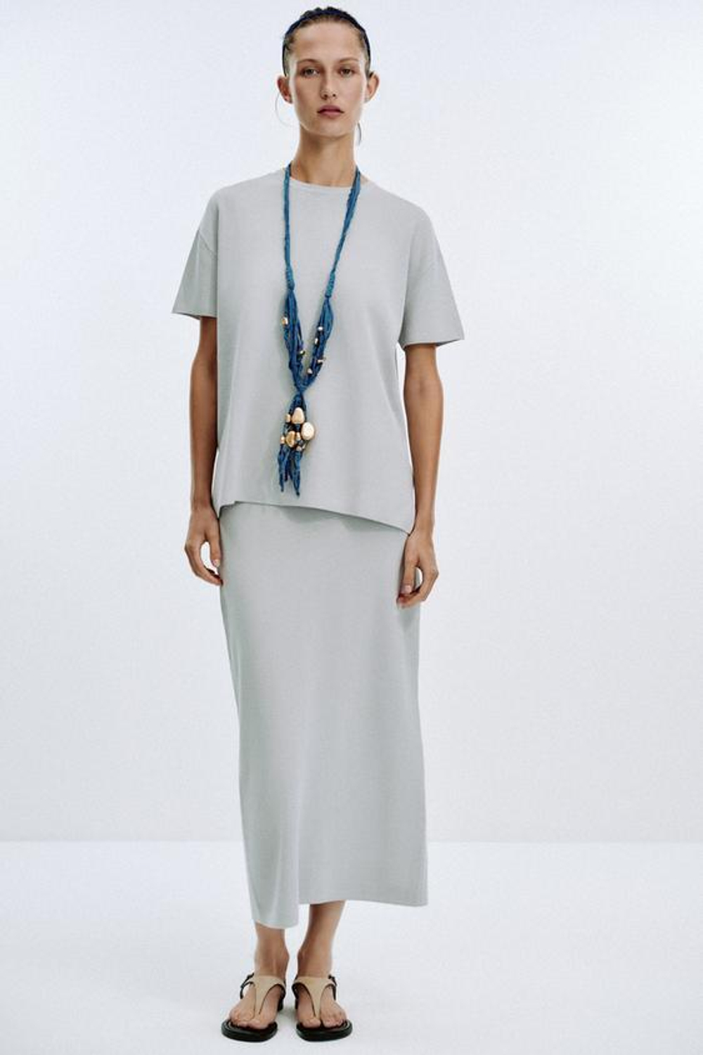 ZARA ОДНОТОННАЯ ТРИКОТАЖНАЯ ЮБКА МИДИ, ЖЕМЧУЖНО-СЕРЫЙ