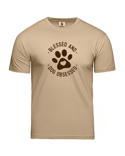 Футболка Blessed and dog obsessed unisex бежевая с коричневым рисунком