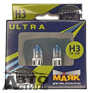Автолампа H3 12V 55W (PK22s) Маяк +100% Super Light 82320SL+100 (к-т)