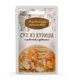 Деревенские Лакомства для кошек Суп из Курицы с Креветкой и Гребешком, 35гр