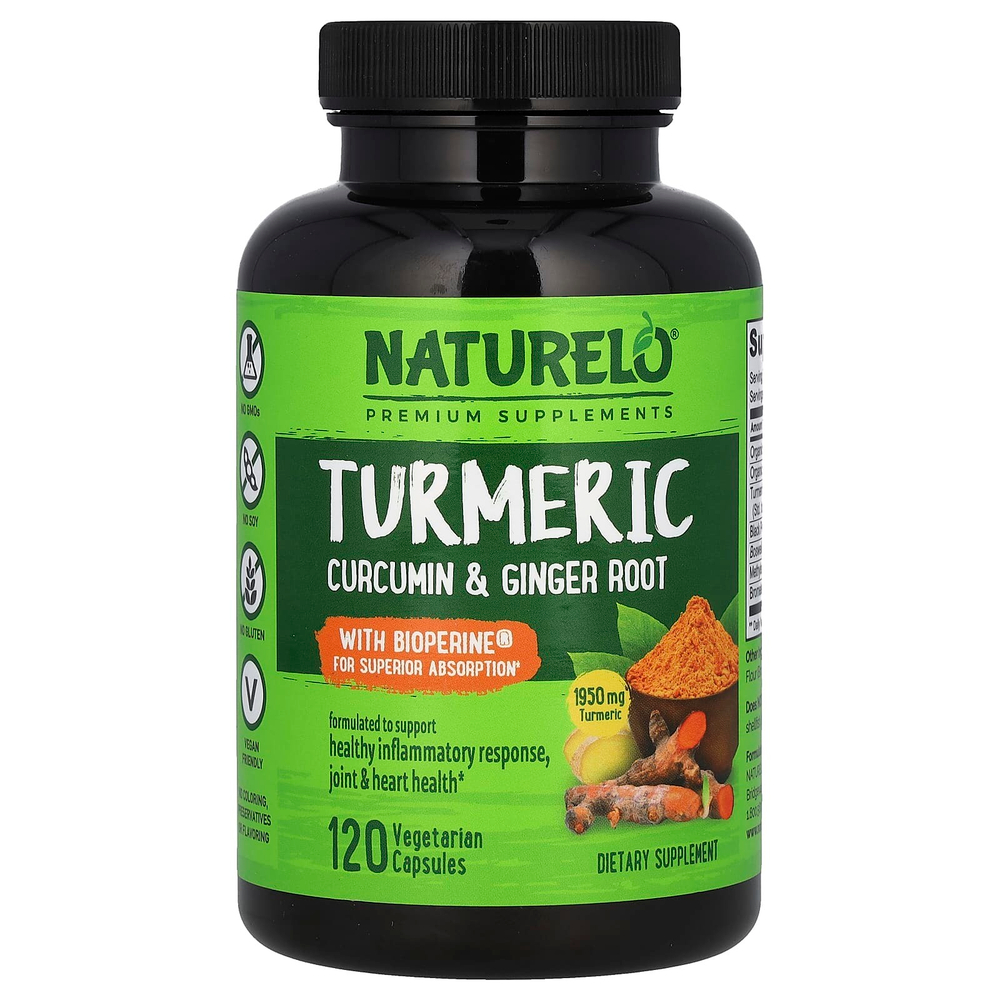 NATURELO, Куркумин, куркумин и корень имбиря с Bioperine®, 120 вегетарианских капсул