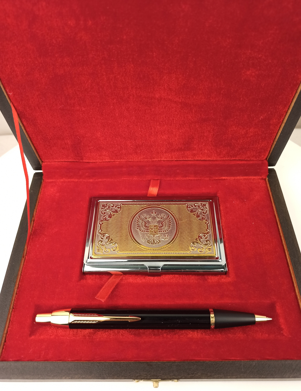 Набор "Гербовый" №14 визитница (Златоуст), ручка Паркер