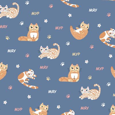 Купить детскую ткань с кошками. Слова МУР МЯУ на русском языке. Рыжие котики и котята на синем фоне.