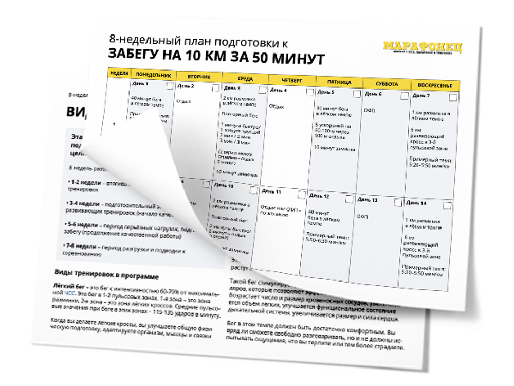 8-недельный план подготовки к забегу на 10 км. Цель - 50 минут