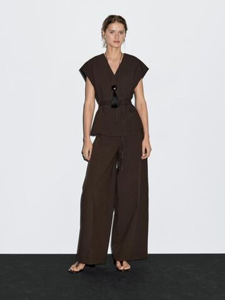 Massimo Dutti Брюки с высокой посадкой и широкими штанинами, шоколадный
