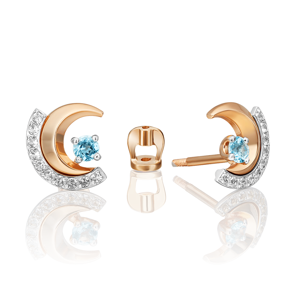 Серьги-пусеты «Загадочность» из комбинированного золота с топазом и натуральными топазами white