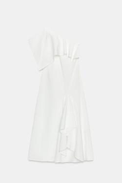 ZARA АСИММЕТРИЧНОЕ ПЛАТЬЕ С ВОЛАНАМИ ИЗ СМЕСОВОГО ЛЬНА — ZW COLLECTION, ЖЕЛТОВАТО-БЕЛЫЙ