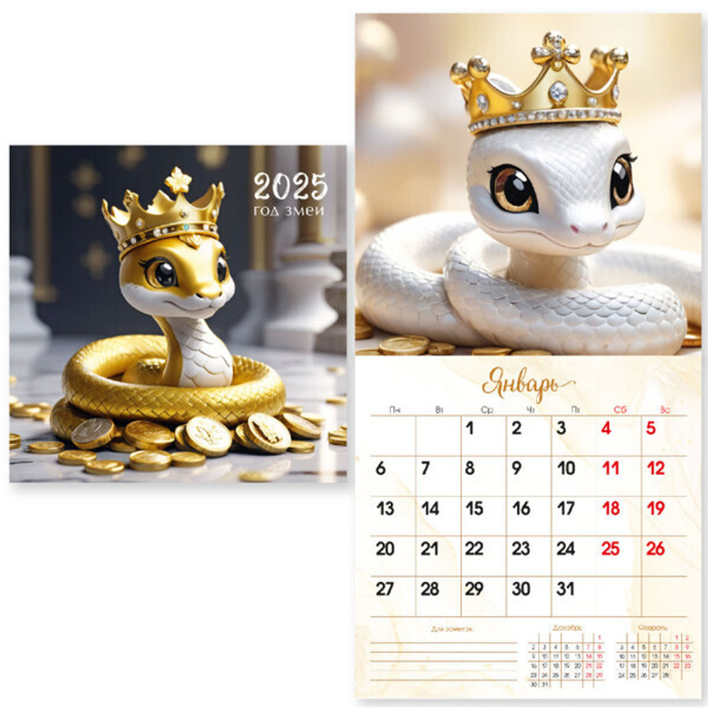 Календарь на скрепке 2025"Символ года - Змея с монетами» 23*23 см