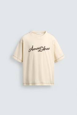 ZARA ФУТБОЛКА RELAXED FIT С ВЫШИТОЙ НАДПИСЬЮ, БЕЖЕВЫЙ