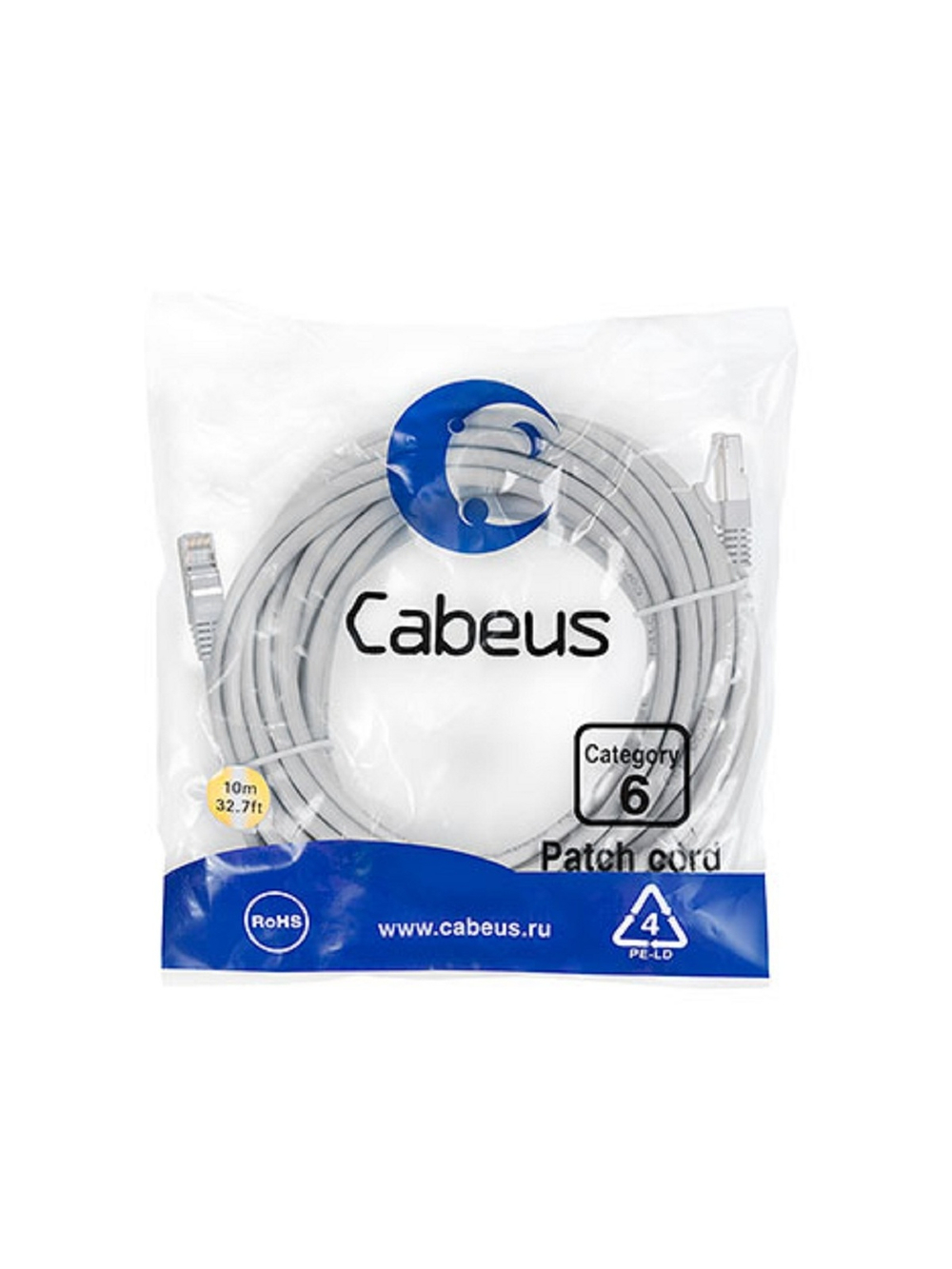 Cabeus PC-FTP-RJ45-Cat.6-10m-LSZH Патч-корд F/UTP, категория 6, 2xRJ45/8p8c, экранированный, серый, LSZH, 10м