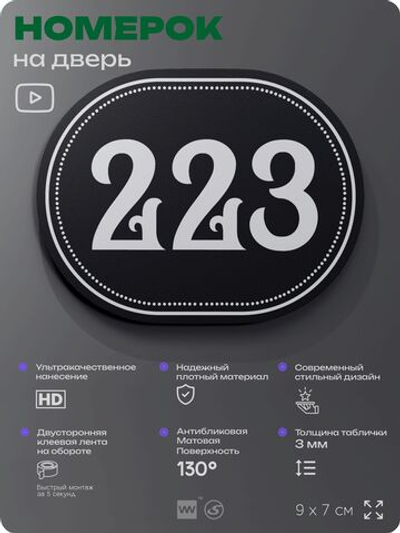 Номерок на дверь квартиры 223, для кабинета, офиса, шильдик 9 х 7 см, черный, Айдентика Технолоджи