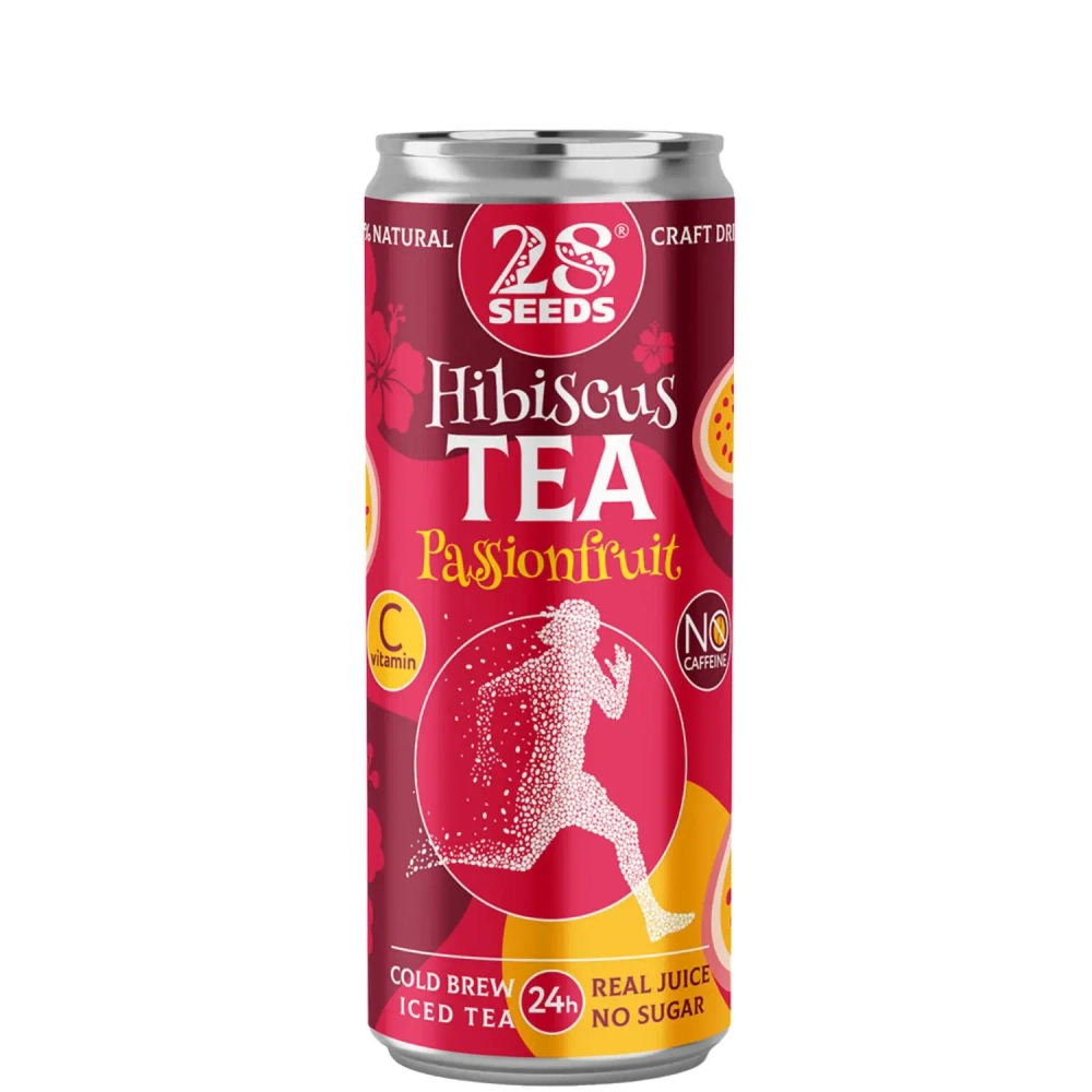 Гибискус чай «Колд брю» Маракуйя 28SEEDS, яркий холодный чай в банке, вид спереди