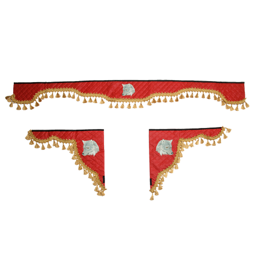 Ламбрекен с косынками универсальные стеганые Волк (экокожа, красный, золотые кисточки)