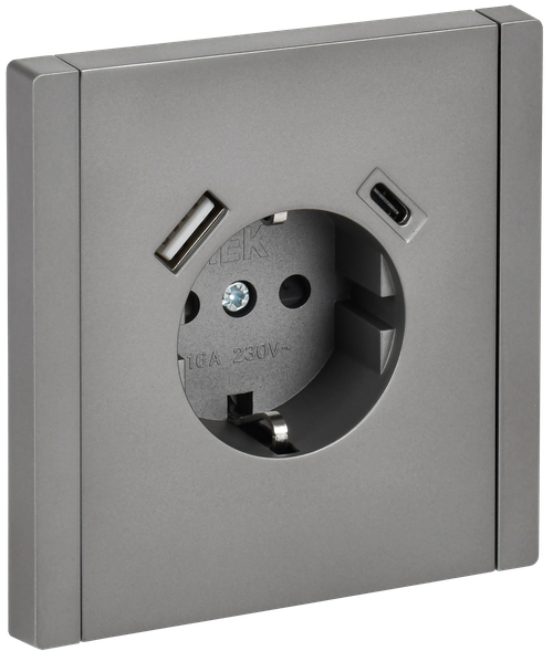 FORTE&PIANO Розетка 1-местная с заземлением с защитными шторками винтовое крепление 16А USB A+C 18Вт FP547 сталь IEK