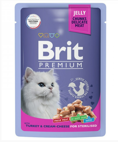 Влажный корм для стерилизованных кошек Brit Premium 0,085кг индейка с сыром в желе 14 паучей