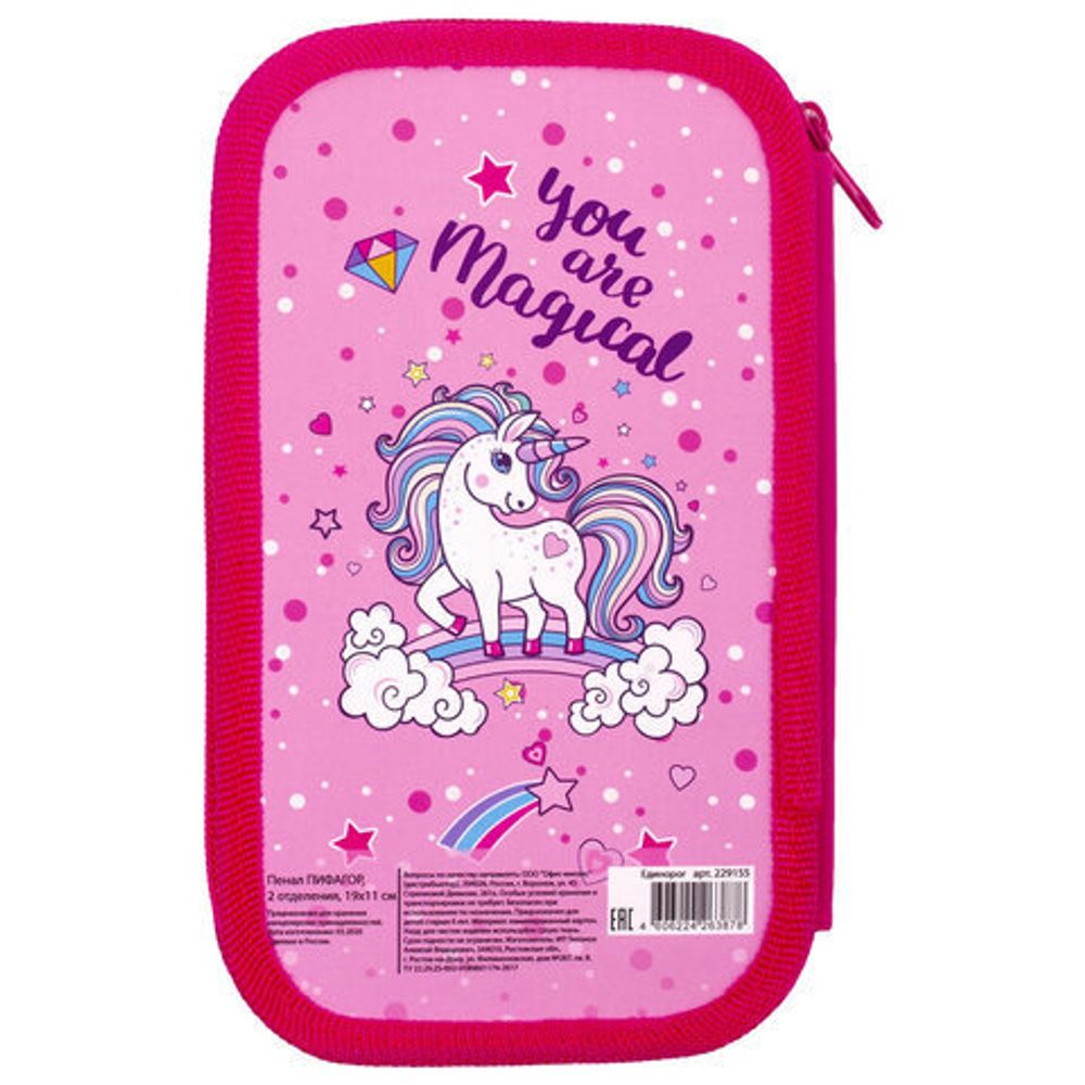 Пенал ПИФАГОР, 2 отделения, ламинированный картон, блестки, 19х11 см, "UNICORN", 229155