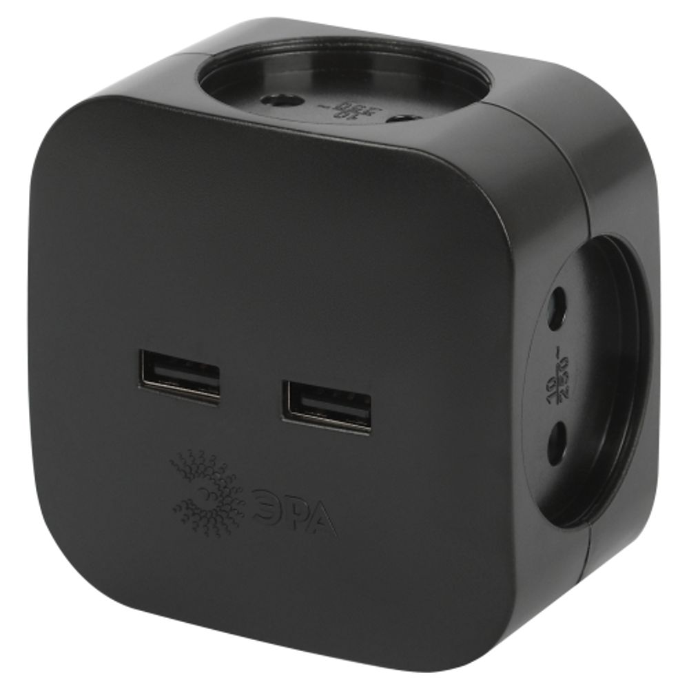 Разветвитель электрический ЭРА SP-4-USB-B на 4 розетки + 2xUSB 2400mA без заземления 10А черный