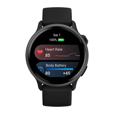Фитнес-трекер Garmin vivoactive 6, чёрный силиконовый ремешок Безель сланцевого цвета, AMOLED-дисплей с Gorilla Glass 3. Ремешок с классической застёжкой — на запястье обхватом 125–190 мм