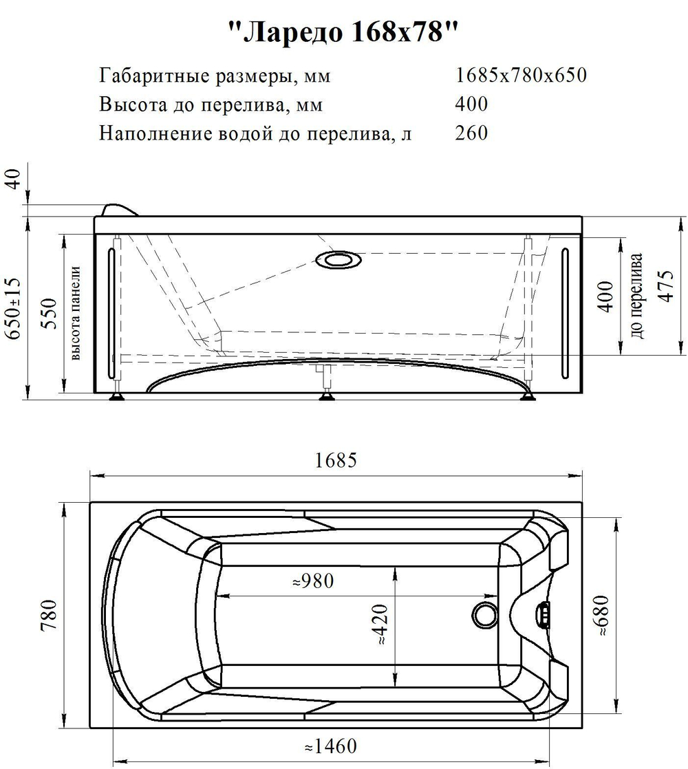 Акриловая ванна Ларедо 168,5×78, каркас