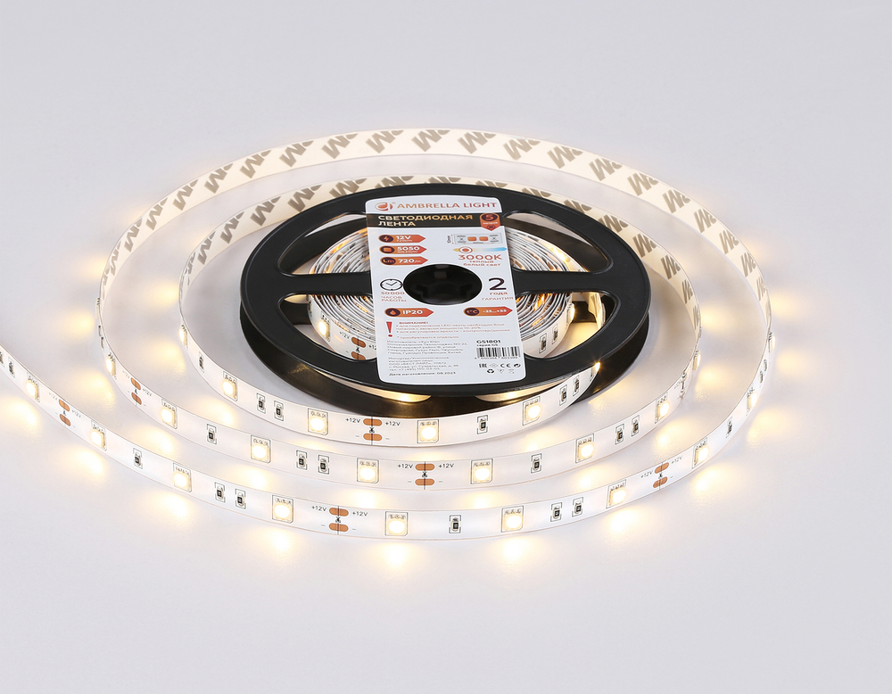Светодиодная лента GS1801 5050 30Led/ 7.2W m/ 12V IP20 3000K/ 5000*10*1.87mm/ кратность резки 100mm (2 конт.)