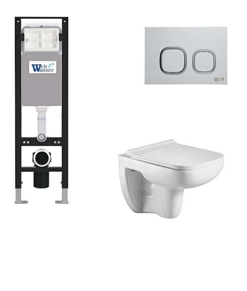 Унитаз подвесной WeltWasser AMBERG 350 + KEHLBACH 004 GL-WT + AMBERG RD-WT белый глянцевый, безободковый, с крышкой микролифт, с инсталляцией и белой кнопкой