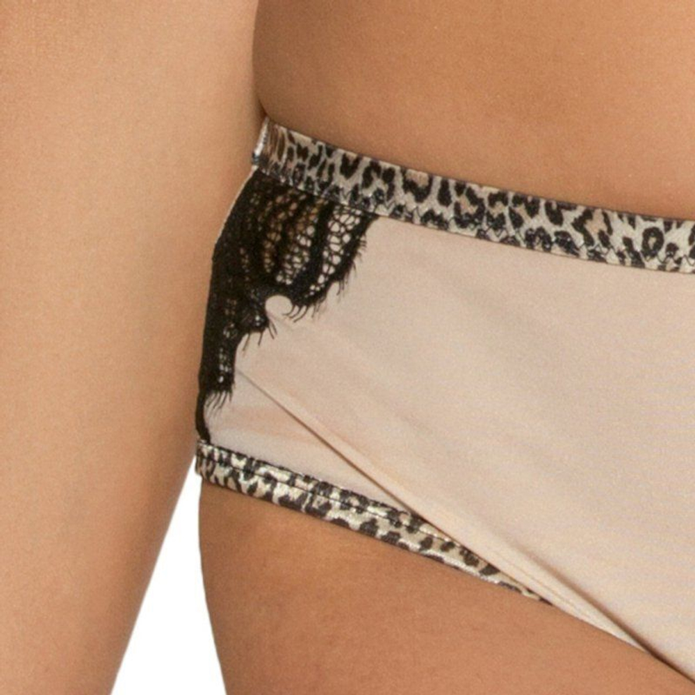 Трусики-бразилиана с леопардовой отделкой и кружевом (Размер: S) (Цвет: телесный)