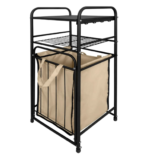 Стеллаж в ванную комнату 2-х ярусный 38х35х93 см с корзиной для белья 45л черный