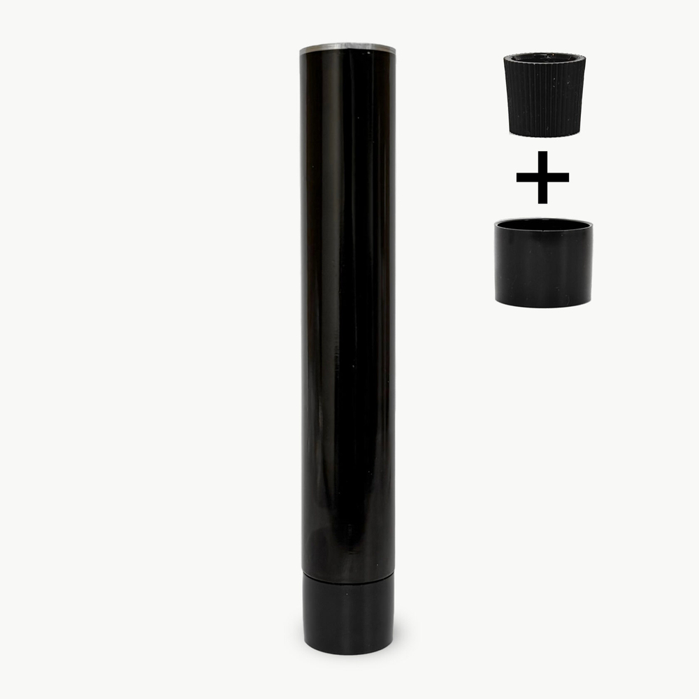 Тюбик алюминиевый 50 мл черный с черным рифленым колпачком (накручен) + Черный гладкий бушон