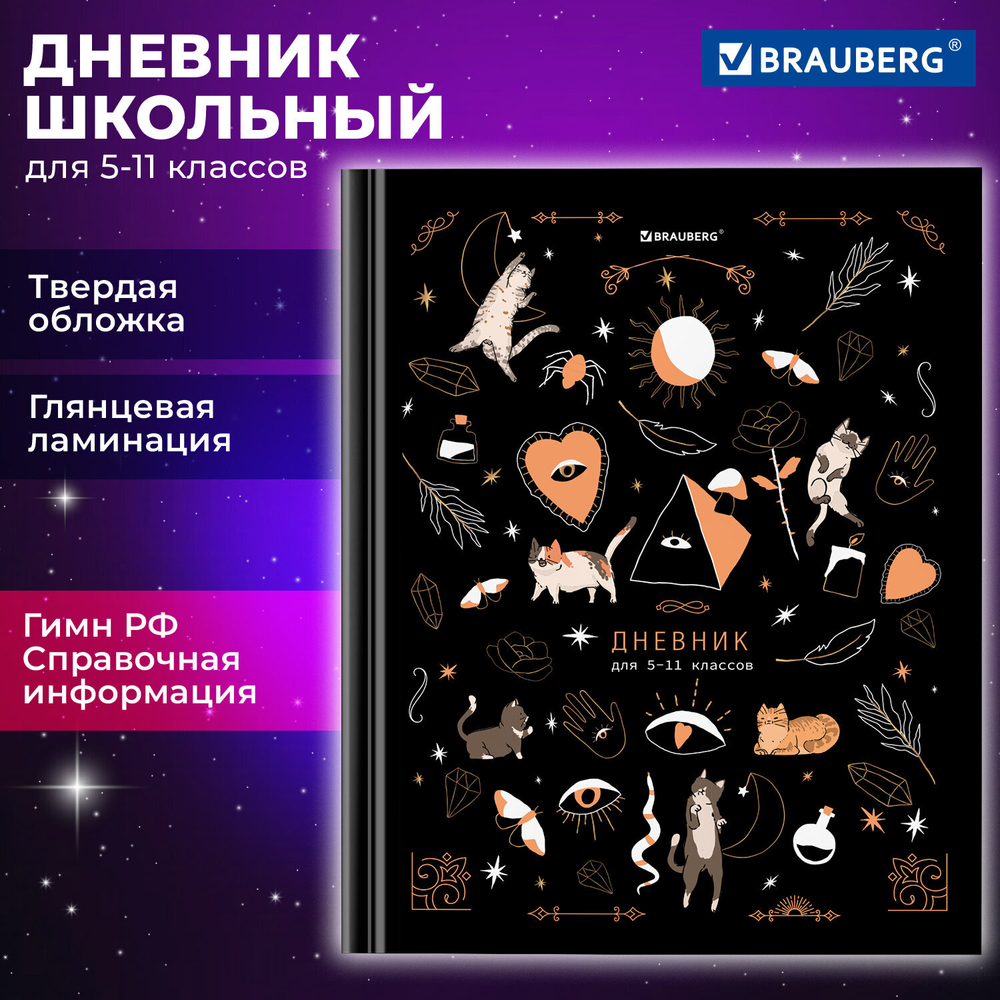 Дневник 5-11 класс 48 л., твердый, BRAUBERG, глянцевая ламинация, с подсказом, "Astro cats", 106868