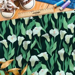 Ткань барби нежные плотные каллы на чёрном фоне