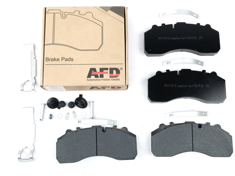 Колодка дискового тормоза (A-701) системы: Knorr SB 7000; SN7 а/м Actros MP2/MP3, EuroCargo, ЛИАЗ 5292, КАМАЗ 5490/5299, Yutong 6122 и др.  (с установочным комплектом:палец/пружины/пыльники) (к-т 4шт.) ЭКО WVA 29061, 29087, 29179 (AFD)