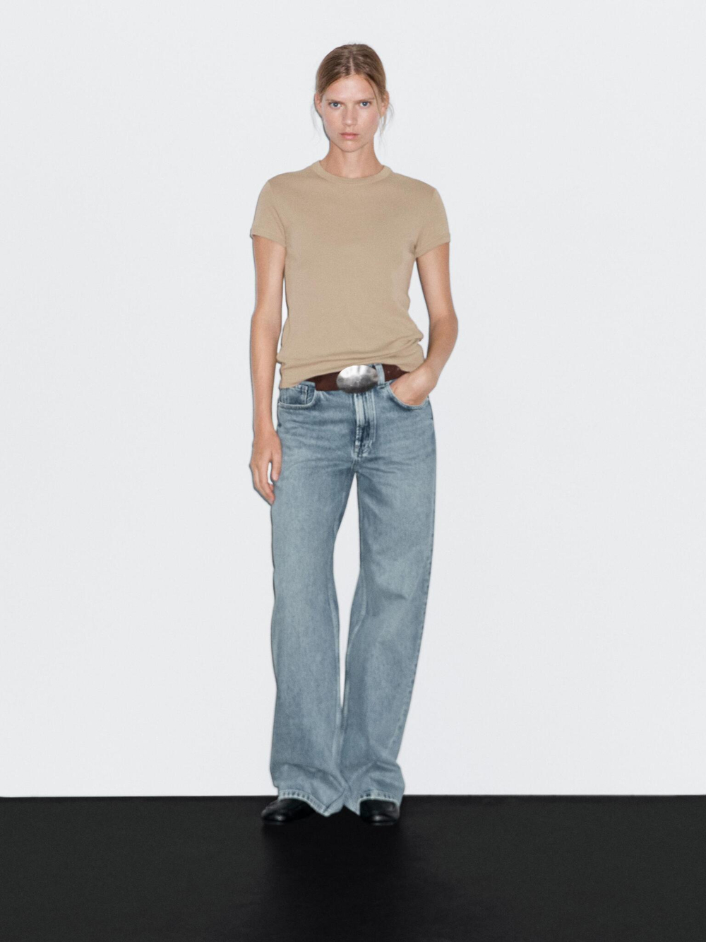 Massimo Dutti Футболка с коротким рукавом из 100% хлопка, дымчатый