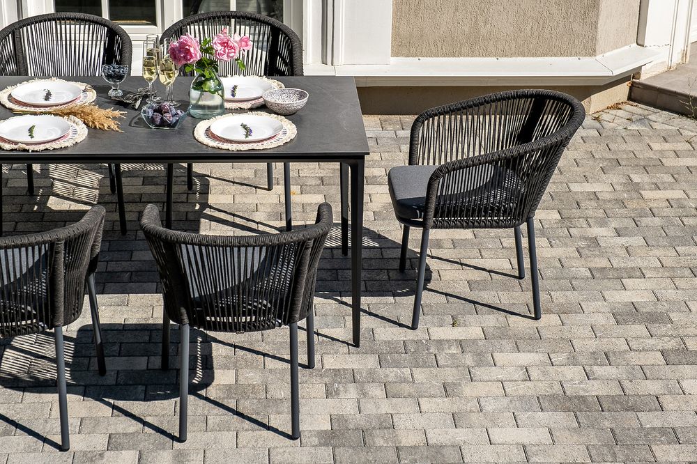 "Малага" обеденная группа на 6 персон со стульями "Марсель", каркас темно-серый, роуп темно-серый