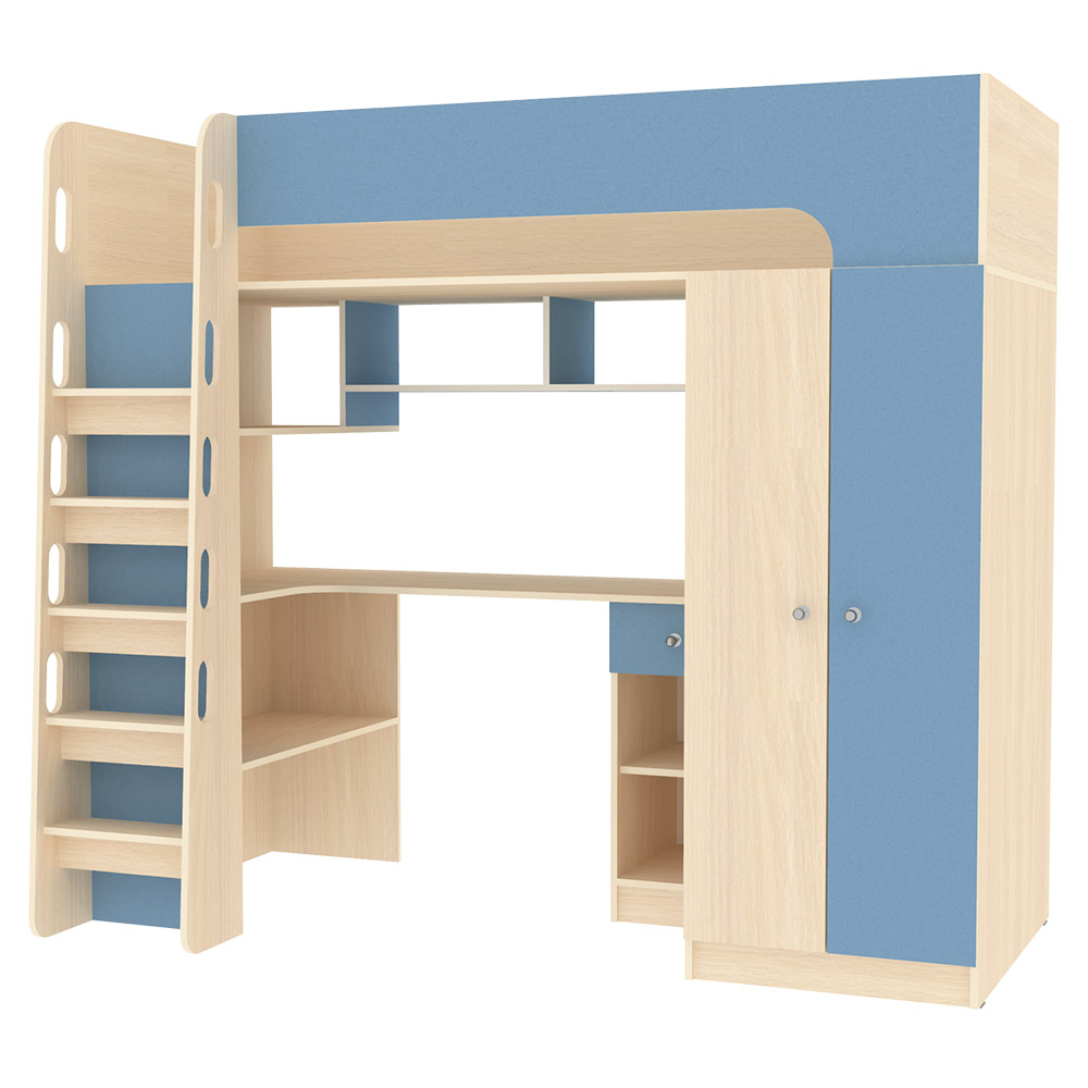 Кровать-чердак КарИВи Астра 10  Дуб Молочный Светло-синий, голубой