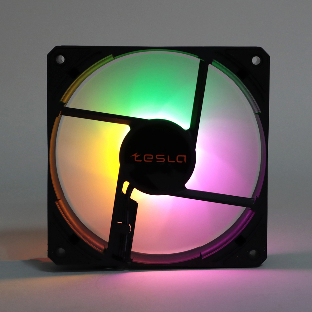 Вентилятор TESLA RGB120-LB, 120мм, 1200rpm, 3-pin+Molex, черный-белый/FRGB, 38CFM, 21дБ, антивибропрокладки (TSL-120-LB)