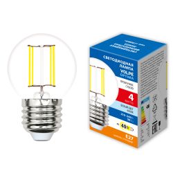 LED-G45-4W-4000K-E27-CL-SLF Лампа светодиодная. Форма шар. прозрачная. Белый свет 4000K. ТМ Volpe