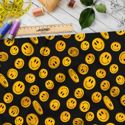 Ткань шелк Армани яркие смайлики на чёрном фоне