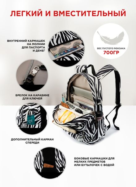 Рюкзак с отделением для ноутбука до 15,6" и USB-портом для зарядки (Зебра)