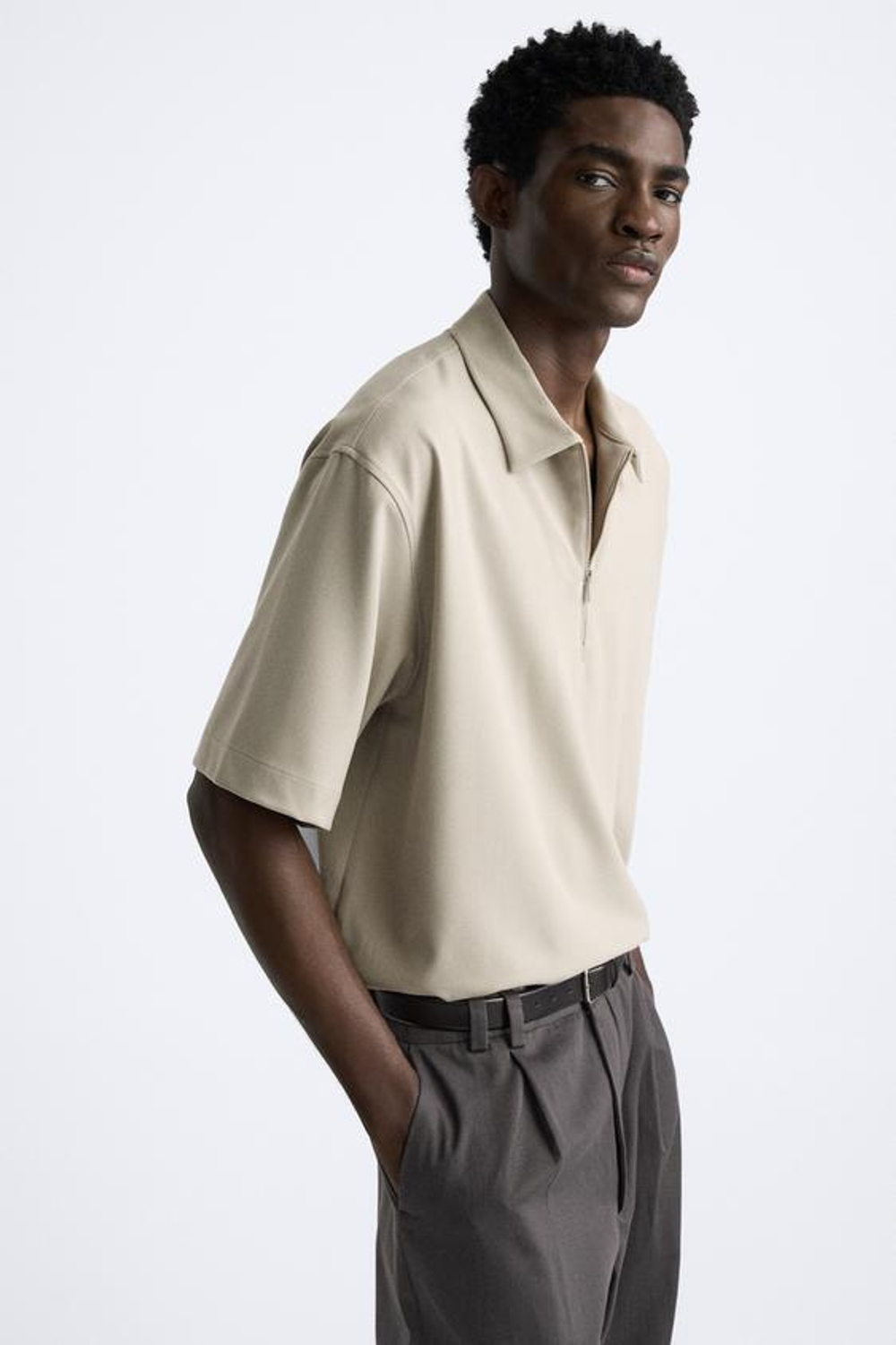 ZARA ПОЛО С МОЛНИЕЙ, СВЕТЛЫЙ СЕРЫЙ-КОРИЧНЕВЫЙ