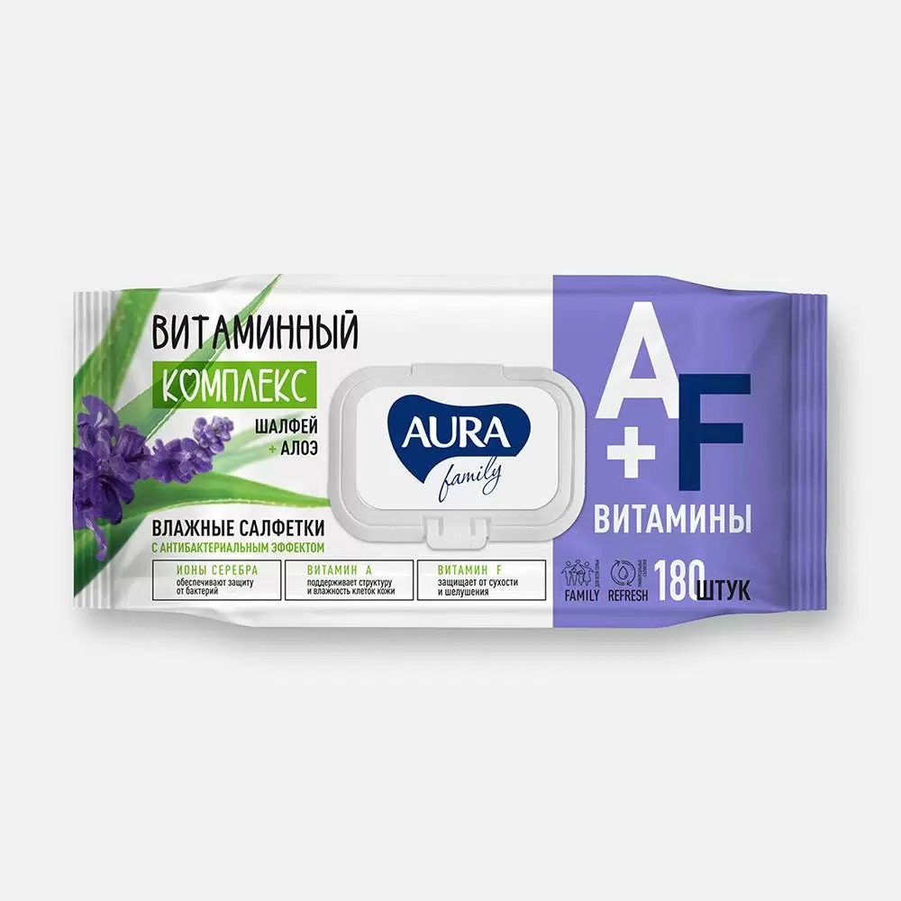 Влажные салфетки Aura Family антибактериальные №180 клапан