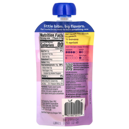 Plum Organics, Органическое детское питание, этап 2, персик, банан и абрикос, 4 унции (113 г)